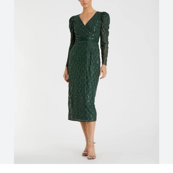 Mac Duggal Green Sequin Beaded Sheath Dress V-Neck Bishop Sleeves Evening Gown - Picture 1 of 14